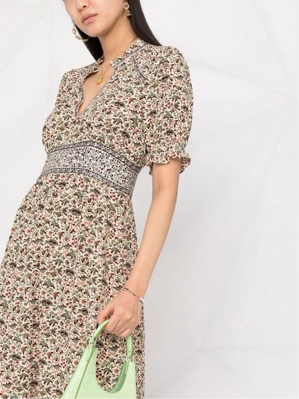 ba&sh Floral Print Midi Dress Puff Sleeve V-Neck Boho Size 0